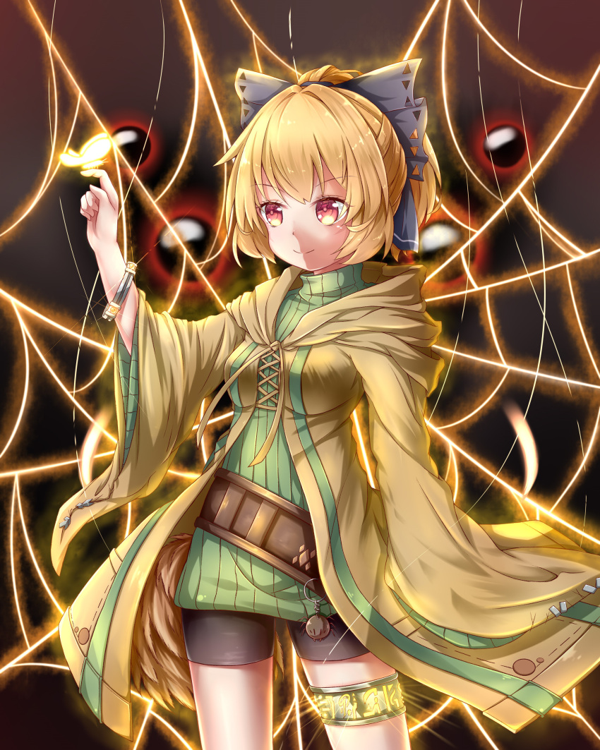 1girl absurdres aussa aussa_(cosplay) belt bike_shorts blonde_hair bow bracelet bug butterfly butterfly_on_finger cosplay eyebrows_visible_through_hair feng_ling_(fenglingwulukong) glowing glowing_butterfly green_sweater hair_bow highres hood hood_down hooded_robe insect jewelry kurodani_yamame long_sleeves open_clothes open_robe pom_pom_(clothes) red_eyes redrawn robe silk solo spider_web sweater thighlet touhou turtleneck turtleneck_sweater wide_sleeves yu-gi-oh!