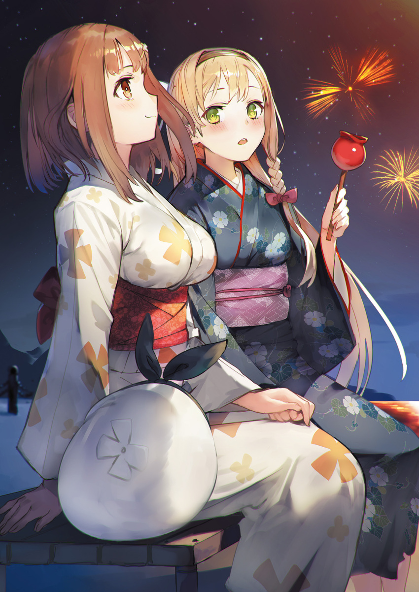 2girls alternate_costume atelier_(series) atelier_ryza blonde_hair blush breasts brown_eyes brown_hair fireworks floral_print from_side green_eyes hair_ornament hairclip hat hat_removed headwear_removed highres holding_hands japanese_clothes kimono klaudia_valentz large_breasts looking_at_another looking_at_viewer multiple_girls non-web_source print_kimono reisalin_stout sash sitting toridamono yukata yuri