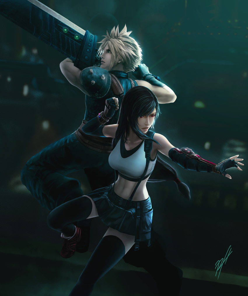 1boy 1girl absurdres armor black_hair black_legwear black_skirt blonde_hair breasts buster_sword cloud_strife crop_top elbow_gloves elbow_pads final_fantasy final_fantasy_vii final_fantasy_vii_remake fingerless_gloves gloves green_eyes highres large_breasts long_hair looking_to_the_side looking_up low-tied_long_hair materia midriff navel open_mouth ranh red_eyes red_footwear shoes shoulder_armor signature skirt sleeveless sleeveless_turtleneck spiky_hair suspender_skirt suspenders suspenders_gap sword tank_top teeth thigh-highs tifa_lockhart turtleneck weapon white_tank_top