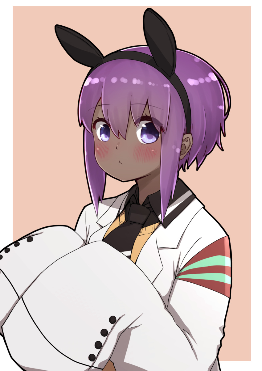 1girl agnes_tachyon_(umamusume) agnes_tachyon_(umamusume)_(cosplay) animal_ears bangs black_hairband black_neckwear black_shirt blush brown_background closed_mouth collared_shirt cosplay dark_skin dark-skinned_female eyebrows_visible_through_hair fake_animal_ears fate/prototype fate/prototype:_fragments_of_blue_and_silver fate_(series) hair_between_eyes hairband hands_up hassan_of_serenity_(fate) highres horse_ears i.u.y labcoat long_sleeves looking_at_viewer necktie open_clothes purple_hair shirt sleeves_past_fingers sleeves_past_wrists solo sweater_vest two-tone_background umamusume upper_body violet_eyes white_background