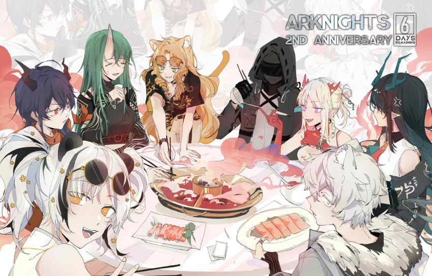 1boy 1other 6+girls ambiguous_gender anger_vein animal_ear_fluff animal_ears arknights bead_bracelet beads black_gloves black_jacket black_shirt blue_hair bracelet braid ch'en_(arknights) chinese_commentary chopsticks colored_skin doctor_(arknights) dragon_ears dragon_girl dragon_horns dragon_tail dress dusk_(arknights) eyewear_on_head feater_(arknights) food fur-trimmed_hood fur_trim gloves green_eyes green_hair grey_jacket highres holding holding_chopsticks holding_ladle hood hood_up horns hoshiguma_(arknights) hoshiguma_(patrolling_ronin)_(arknights) hotpot jacket jaye_(arknights) jewelry ladle long_hair looking_at_another looking_at_viewer multiple_girls nian_(arknights) nian_(unfettered_freedom)_(arknights) off_shoulder official_alternate_costume open_clothes open_jacket open_mouth orange_hair orange_shirt panda_ears pointy_ears r_boorain red_eyes red_skin second-party_source shirt short_hair siblings single_horn sisters sleeveless sleeveless_dress sunglasses swire_(arknights) tail tiger_ears tiger_girl tiger_tail v white_hair yellow_eyes