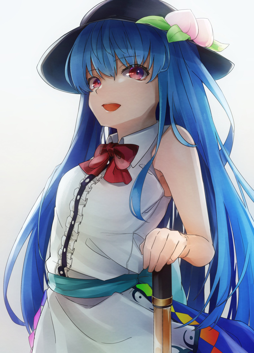 1girl absurdres adapted_costume apron armpit_peek bangs bare_shoulders black_headwear blouse blue_hair blue_sash blue_skirt bow buttons center_frills collared_blouse commentary eyebrows_visible_through_hair food frills fruit gunsou1350 hand_on_hilt hat highres hinanawi_tenshi leaf long_hair looking_at_viewer open_mouth peach red_bow red_eyes red_neckwear sash simple_background skirt sleeveless_blouse smile solo sword_of_hisou touhou very_long_hair white_background white_blouse wing_collar