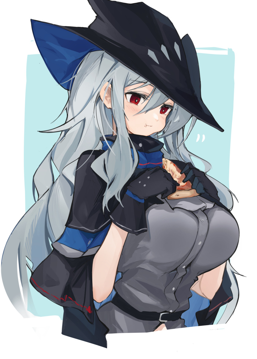 1girl arknights ascot belt black_capelet black_headwear blue_background blush breasts capelet commentary_request cropped_torso eating eyebrows_visible_through_hair food grey_neckwear grey_shirt hair_between_eyes hat highres holding holding_food holding_pizza large_breasts long_hair looking_at_food midriff mikojin pizza pizza_slice red_eyes shirt silver_hair skadi_(arknights) solo two-tone_background upper_body white_background