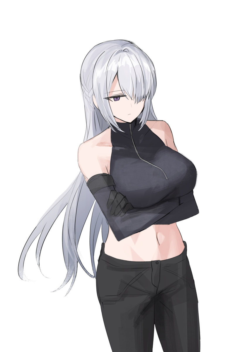 1girl absurdres ak-15_(girls_frontline) bangs bare_shoulders black_gloves black_pants black_shirt breasts chihuri closed_mouth commentary_request crop_top crossed_arms elbow_gloves eyebrows_visible_through_hair girls_frontline gloves hair_over_one_eye highres large_breasts long_hair midriff navel pants shirt sidelocks silver_hair simple_background sleeveless sleeveless_shirt solo very_long_hair violet_eyes white_background