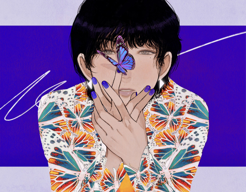 1girl animal_print black_hair blue_background blue_butterfly blue_nails bug butterfly butterfly_print earrings grey_eyes hands_together hands_up highres insect jewelry looking_at_viewer mole mole_under_eye original parted_lips print_shirt shirt short_hair solo toktin_zq upper_body