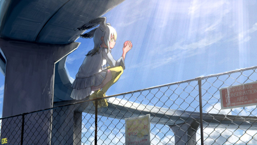 1girl bird_girl bird_tail bird_wings blonde_hair blue_neckwear chain-link_fence commentary_request common_gull_(kemono_friends) eyebrows_visible_through_hair fence food grey_hair grey_sweater head_wings imnim_leef japari_bun kemono_friends loafers long_hair looking_at_viewer multicolored_hair neckerchief overpass pleated_skirt sailor_collar shoes sign skirt solo squatting sweater thigh-highs vest white_hair white_skirt white_vest wings yellow_eyes yellow_footwear yellow_legwear zettai_ryouiki