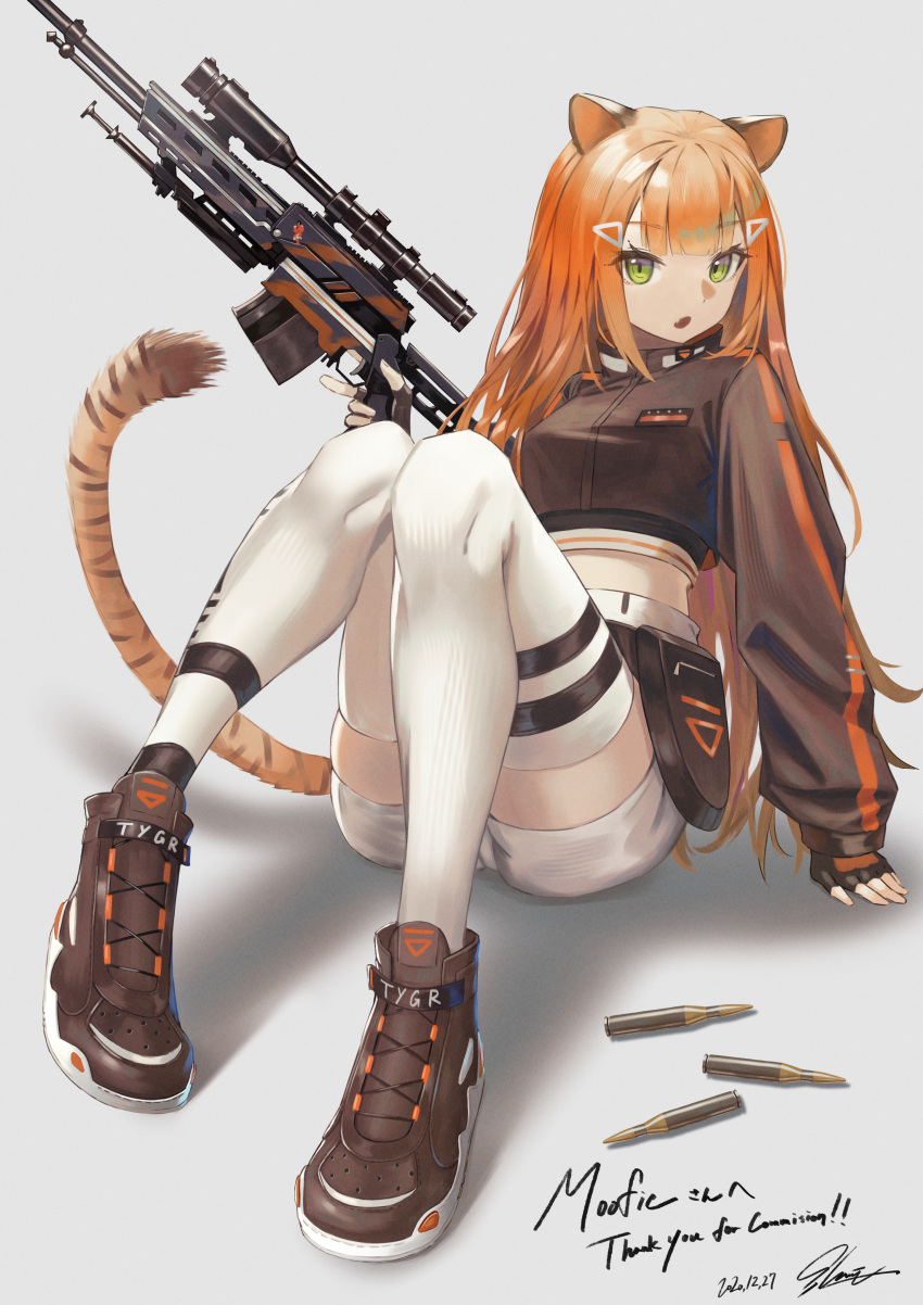 1girl absurdres animal_ears ankle_boots bangs bipod black_jacket blunt_bangs boots breasts bullet character_name commission cropped_jacket dated eyebrows_visible_through_hair fang fingerless_gloves gloves green_eyes gun hair_ornament hairclip highres huge_filesize indie_virtual_youtuber ioriwu8 jacket long_hair looking_at_viewer moofie_(vtuber) navel open_mouth orange_hair rifle scope shoes shorts sitting solo tail thigh-highs tiger_ears tiger_girl tiger_tail triangle_hair_ornament trigger_discipline very_long_hair virtual_youtuber weapon white_shorts