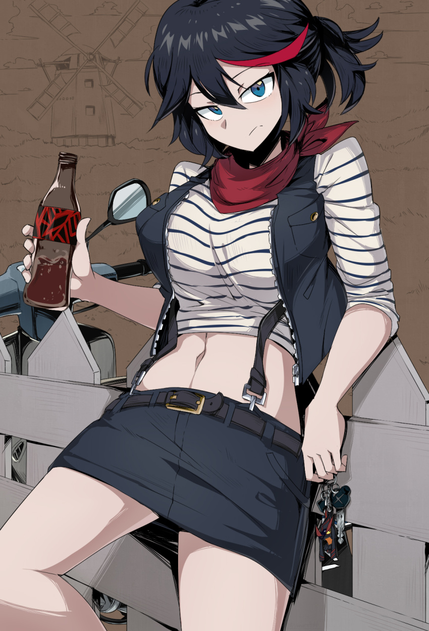 1girl bandana bangs belt black_belt black_hair black_skirt black_vest bottle commentary_request cropped_shirt fence frown glass_bottle grey_eyes ground_vehicle highres holding holding_bottle holding_key key kill_la_kill leaning_back leather_belt matoi_ryuuko midriff miniskirt moped motor_vehicle multicolored_hair navel red_neckwear redhead shimure_(460) shirt skirt sleeves_rolled_up solo streaked_hair striped striped_shirt suspenders two-tone_hair vest wooden_fence zipper