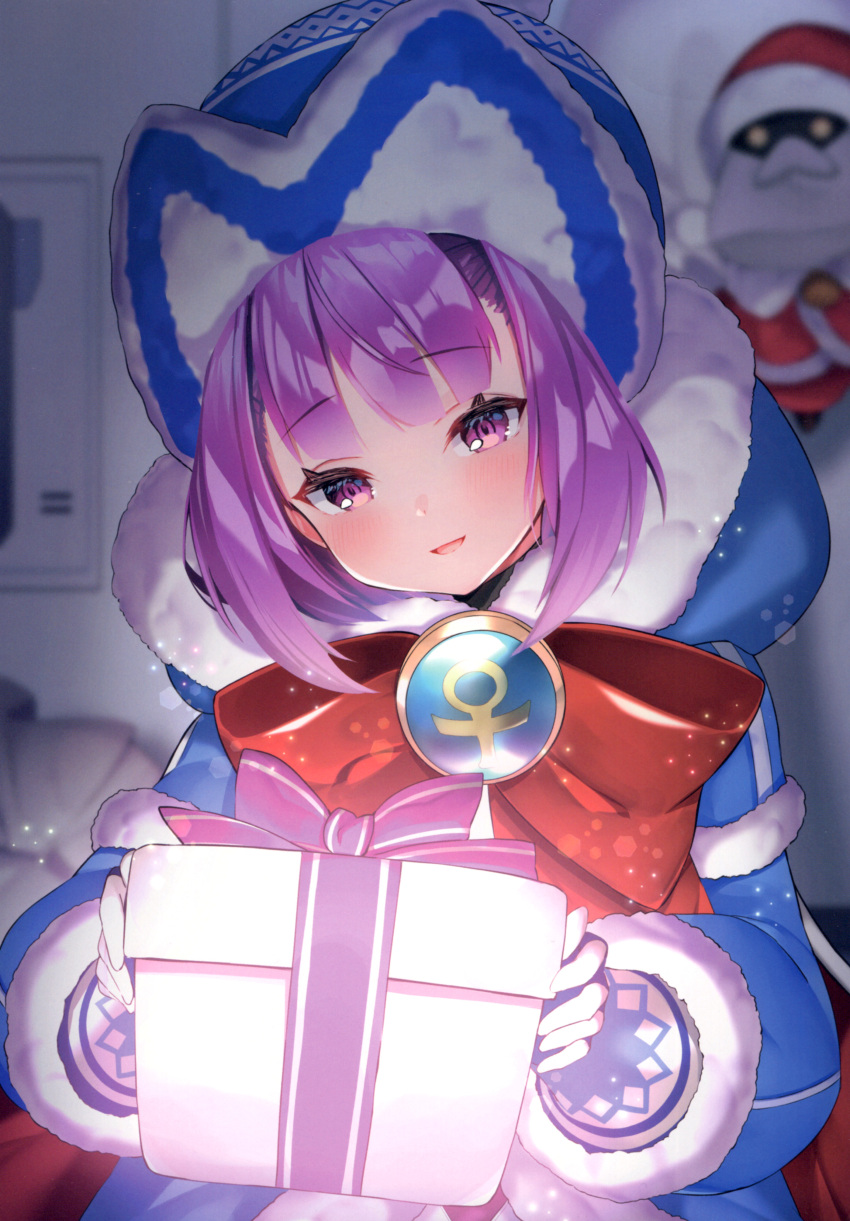 1girl absurdres blue_coat blue_dress blue_footwear blue_gloves blue_headwear blush bow breasts coat dress fate/extella fate/extra fate/grand_order fate/grand_order_arcade fate_(series) fur-trimmed_coat fur-trimmed_dress fur_trim gloves hat helena_blavatsky_(christmas)_(fate) helena_blavatsky_(fate) highres large_bow long_sleeves looking_at_viewer open_mouth pantyhose purple_hair red_bow sack short_hair sitting small_breasts smile suzuho_hotaru violet_eyes