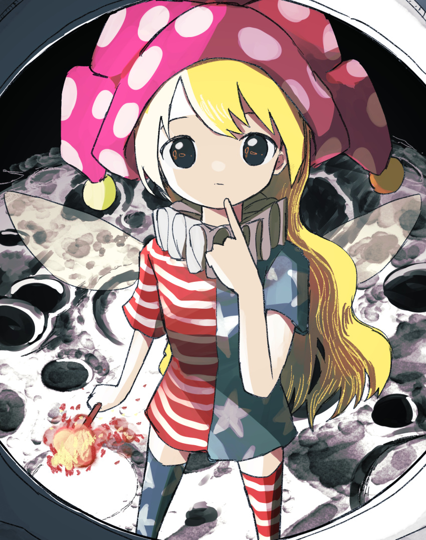 1girl american_flag_dress american_flag_legwear bangs blonde_hair blue_dress blue_legwear blue_sleeves closed_mouth clownpiece dress eyebrows_visible_through_hair fairy_wings fire grey_eyes hand_up highres long_hair looking_at_viewer moon neruzou red_dress red_legwear red_sleeves short_sleeves solo spacesuit standing star_(symbol) star_print striped striped_dress striped_legwear thigh-highs torch touhou wings