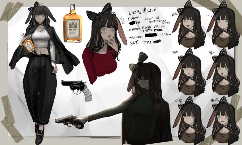 1girl :o @_@ aiming alcohol black_bow black_hair black_jacket black_pants blood bloody_clothes blush blush_stickers bottle bow brown_shirt closed_mouth collarbone disgust exasperation expression_chart eyebrows_visible_through_hair gun hair_bow highres holding holding_bottle holding_gun holding_weapon jacket jacket_on_shoulders light_brown_hair long_hair looking_at_viewer midriff multicolored_hair multiple_views narue navel open_mouth original pants polka_dot polka_dot_bow red_shirt revolver serious shirt solo streaked_hair striped striped_bow suit_jacket surprised suspenders sweat symbol_commentary translation_request weapon whiskey white_shirt wide-eyed