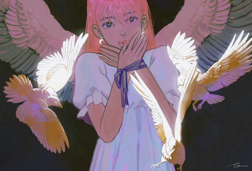 1girl bangs bird black_background blue_ribbon crescent crescent_earrings earrings feathered_wings highres jewelry long_hair looking_at_viewer original parted_lips pink_hair pink_nails ribbon short_sleeves signature simple_background solo toktin_zq upper_body wings