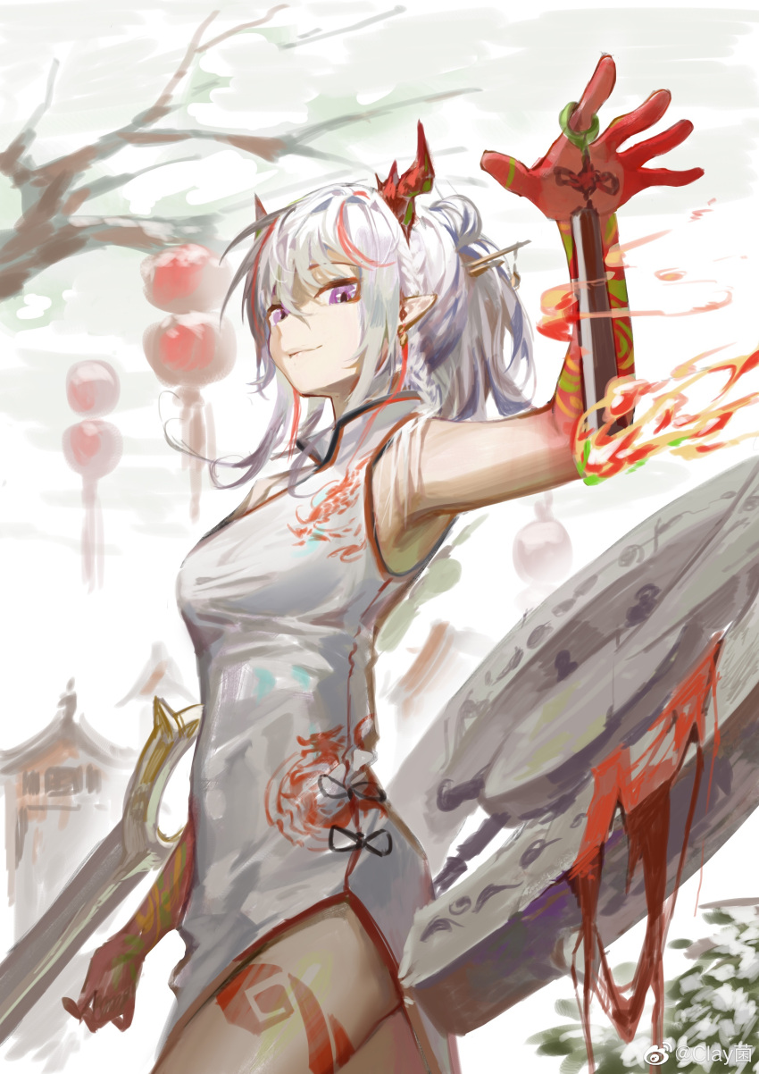 1girl absurdres arknights arm_up armpits bare_arms bare_shoulders breasts china_dress chinese_clothes clay_(clayjun) cowboy_shot dragon_horns dress fire hair_ornament hairpin highres horns lantern long_hair looking_at_viewer multicolored_hair nian_(arknights) nian_(unfettered_freedom)_(arknights) paper_lantern pelvic_curtain pointy_ears ponytail sidelocks sleeveless sleeveless_dress small_breasts smile solo standing streaked_hair thigh_tattoo thighs white_dress white_hair