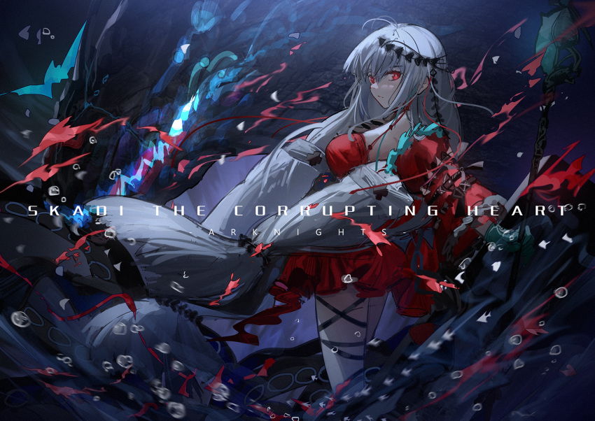 1girl air_bubble arknights bangs bare_shoulders breasts bubble character_name closed_mouth copyright_name detached_sleeves dress expressionless feet_out_of_frame fish highres holding holding_staff large_breasts long_hair long_sleeves looking_at_viewer red_dress red_eyes short_dress silver_hair skadi_(the_corrupting_heart)_(arknights) solo staff standing thigh_strap twintails underwater very_long_hair yuuki_mix