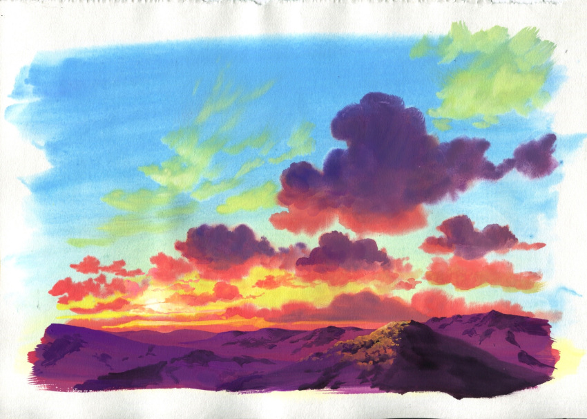 border cloud_focus clouds highres landscape no_humans original purple_theme sawitou_mizuki scenery sunset traditional_media white_border