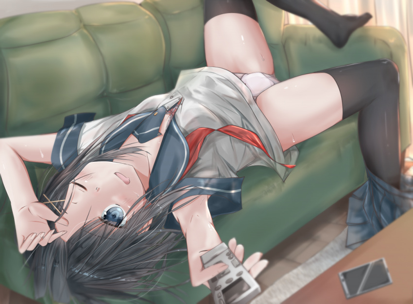 1girl arms_up bangs black_hair black_legwear blue_eyes blue_sailor_collar blurry blurry_background blurry_foreground cellphone commentary couch crotch_seam depth_of_field erumu_(kongou114) grey_shirt holding holding_remote_control indoors leg_up looking_at_viewer looking_back lying medium_hair neckerchief no_pants on_back on_couch one_eye_closed open_mouth original panties phone red_neckwear sailor_collar shirt short_sleeves skirt skirt_around_one_leg smartphone smile solo sweat thigh-highs underwear undone_neckerchief white_panties