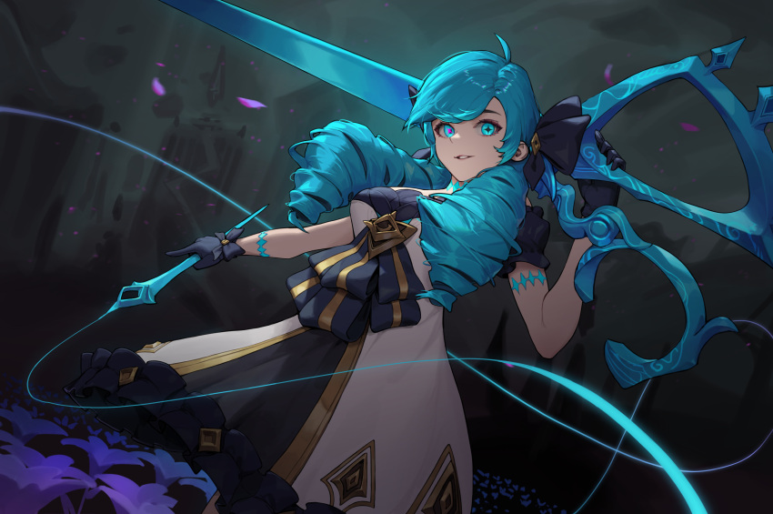+_+ 1girl absurdres blue_hair blue_pupils checkered checkered_legwear cotta_(heleif) dress drill_hair gwen_(league_of_legends) highres holding holding_needle holding_scissors league_of_legends long_hair looking_at_viewer needle oversized_object parted_lips pink_pupils scar_on_neck scissors solo stitched_neck stitches thread twin_drills twintails