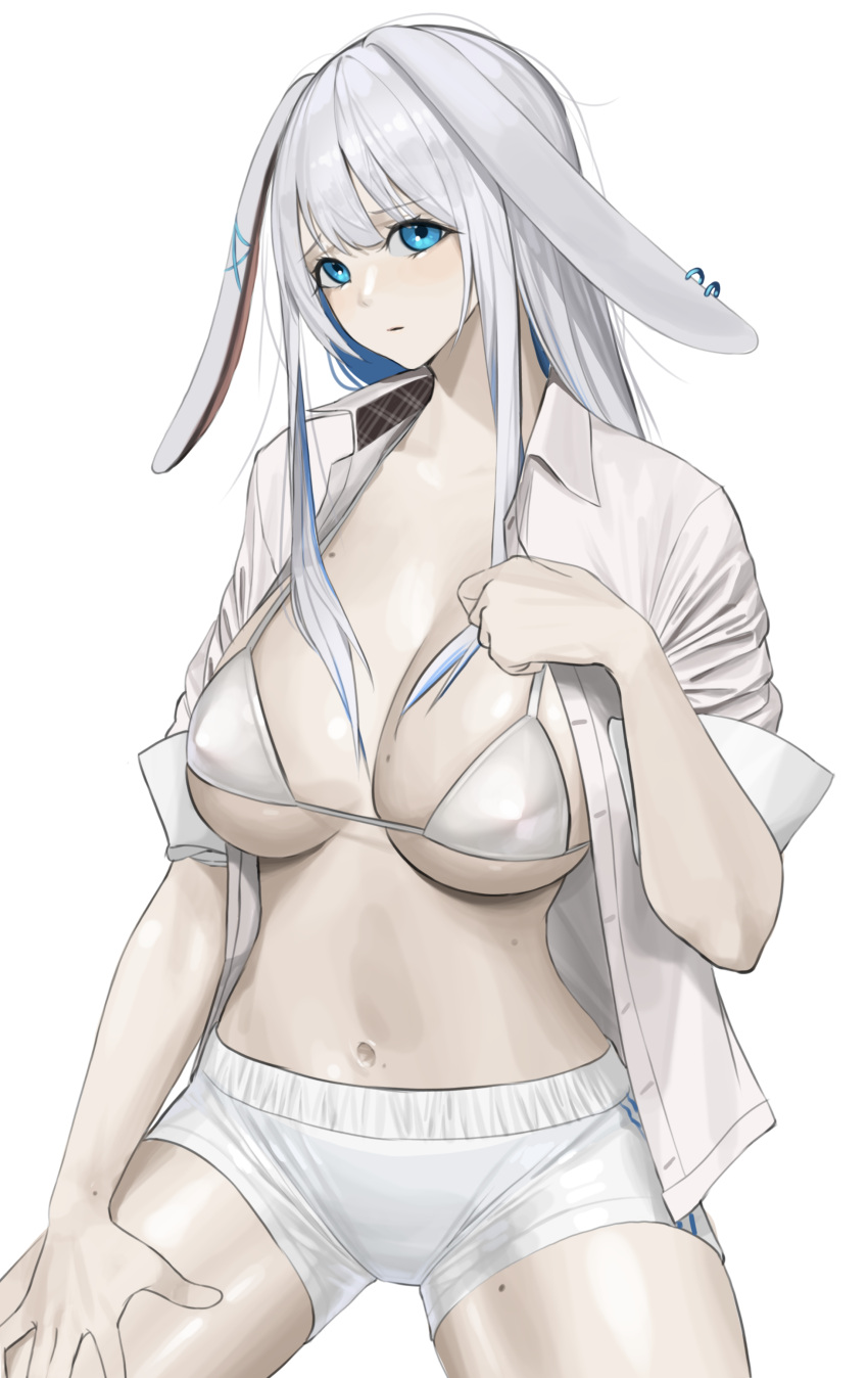 1girl absurdres animal_ears bangs bikini bikini_top blue_eyes breasts collared_shirt copyright_request covered_nipples hand_up highres large_breasts navel norunollu rabbit_ears shirt short_sleeves shorts simple_background solo swimsuit white_background white_bikini white_shirt white_shorts