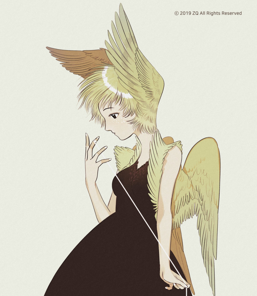 1girl black_dress black_eyes blonde_hair breasts dress english_text expressionless feathered_wings highres medium_breasts original profile simple_background solo toktin_zq upper_body white_background white_nails wings