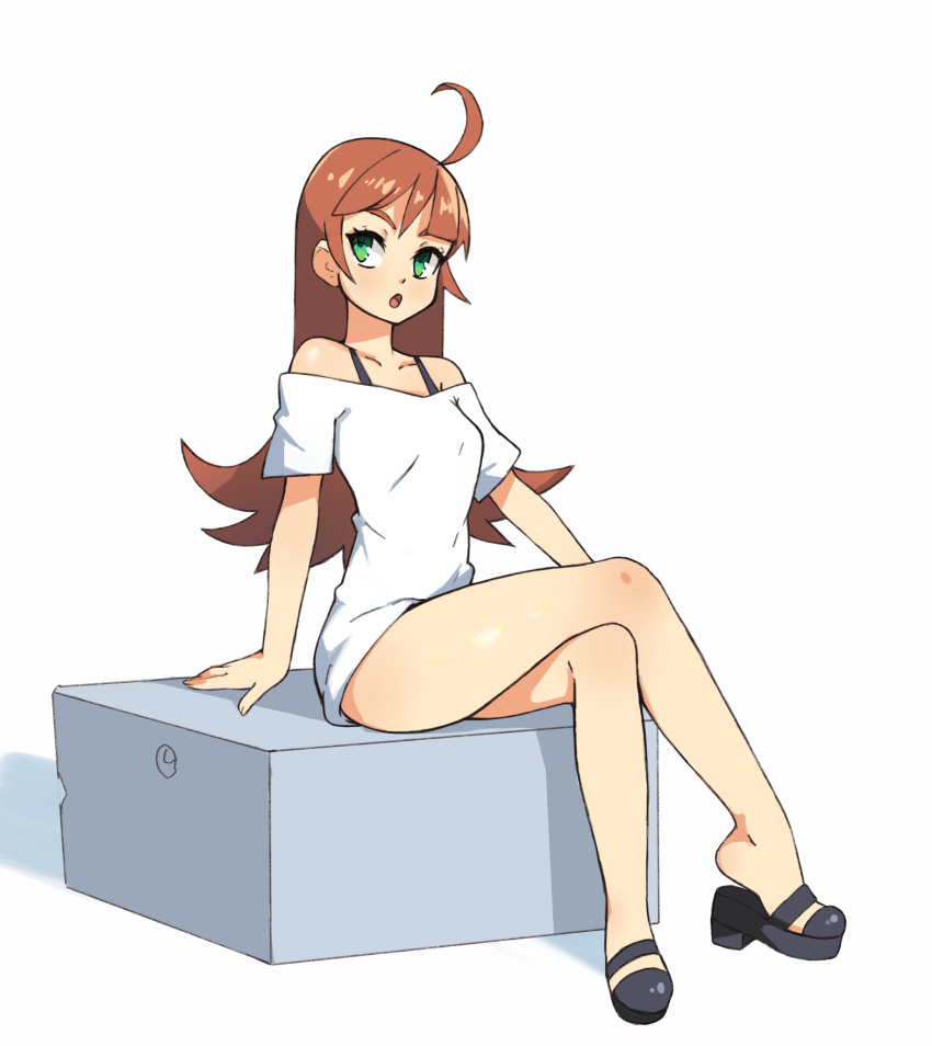 1girl :o ahoge arm_support bangs bare_legs black_footwear blunt_bangs bra_strap brown_hair commentary crossed_legs english_commentary green_eyes highres long_hair looking_at_viewer off-shoulder_shirt off_shoulder original procreate_(medium) sandals shirt shoes short_sleeves simple_background sitting solo vins-mousseux white_background white_shirt