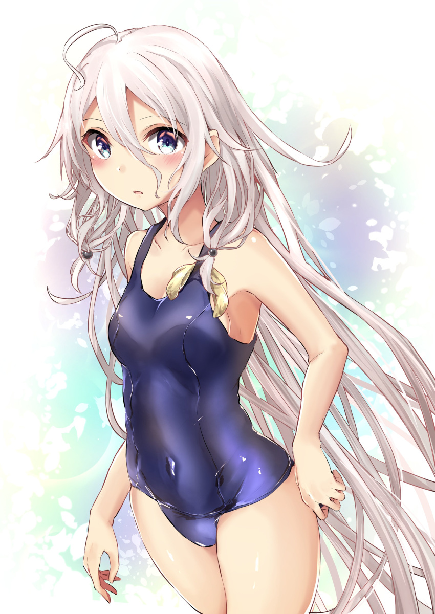 1girl absurdres ahoge beads blue_eyes blue_swimsuit blush cevio commentary cowboy_shot hair_beads hair_between_eyes hair_ornament hand_on_hip highres ia_(vocaloid) long_hair looking_at_viewer one-piece_swimsuit parted_lips pink_hair sharm_(sharm0819) solo swimsuit very_long_hair vocaloid