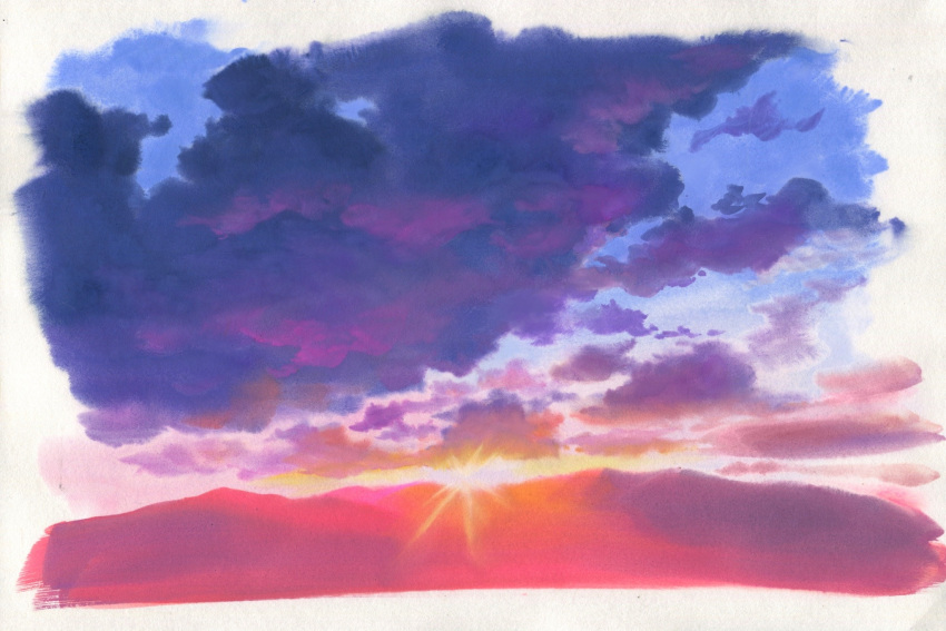 border clouds cloudy_sky highres light_rays no_humans original purple_sky sawitou_mizuki scenery sky sun sunrise traditional_media white_border