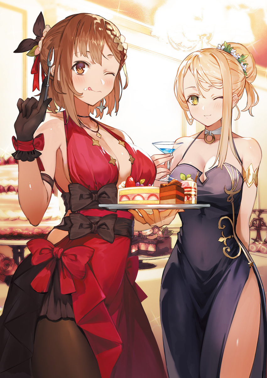 atelier_(series) atelier_ryza atelier_ryza_2 bangs blonde_hair blush breasts brown_eyes brown_hair cake cake_slice cocktail_glass cup drinking_glass food gloves green_eyes highres holding indoors klaudia_valentz medium_breasts official_art one_eye_closed reisalin_stout tongue tongue_out toridamono