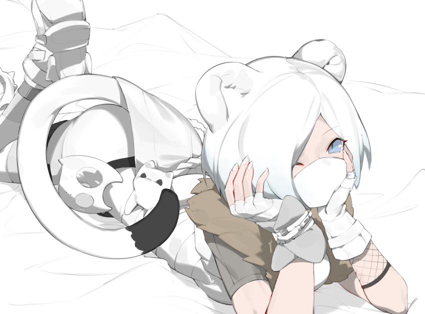 1girl absurdres animal_ears arknights bed_sheet blue_eyes breasts feet_up fingerless_gloves fui_(fui29493452) gloves hands_on_own_cheeks hands_on_own_face highres looking_at_viewer lying mask mask_removed medium_breasts mouth_mask official_alternate_costume on_bed on_stomach one_eye_closed shirayuki_(arknights) shirayuki_(wind_of_breaking_blade)_(arknights) short_hair short_sleeves silver_hair solo stoat stoat_ears stoat_girl stoat_tail towel white_gloves white_nails white_towel