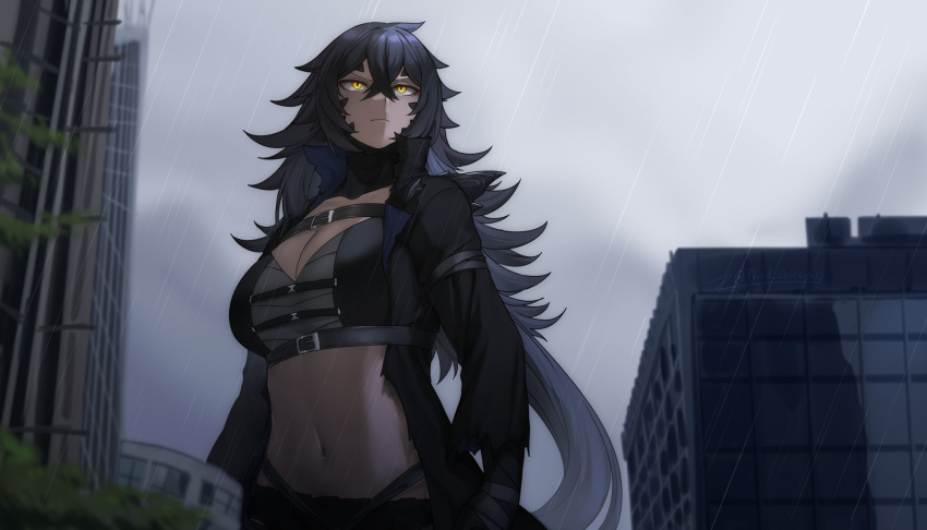 1girl bangs belt black_coat blue_hair breasts building city closed_mouth clouds cloudy_sky coat crossed_bangs derivative_work giant giantess godzilla godzilla_(2014) godzilla_(series) hair_between_eyes higanbana_(fried_chicken) highres long_hair long_sleeves midriff navel personification rain reference_work scales serious sky slit_pupils standing