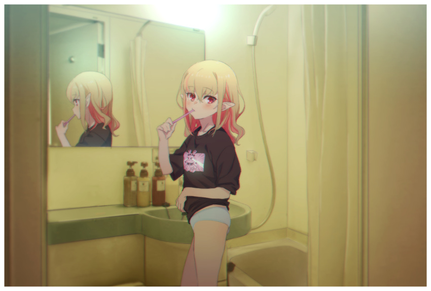 1girl bathroom bathtub black_sweater blush border brushing_teeth commentary eyebrows_visible_through_hair feet_out_of_frame grey_hair hair_down highres indoors long_hair looking_at_viewer makaino_ririmu mirror multicolored_hair nijisanji no_pants panties pink_hair pointy_ears red_eyes reflection sabamen shower_curtain shower_head sink solo sweater toothbrush toothbrush_in_mouth two-tone_hair underwear virtual_youtuber white_border