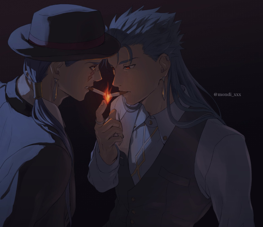 2boys angry beads blue_hair cigarette cigarette_kiss collared_shirt cu_chulainn_(caster)_(fate) cu_chulainn_(fate)_(all) cu_chulainn_alter_(fate/grand_order) dark_blue_hair facepaint fate/grand_order fate_(series) fedora fire hair_beads hair_ornament hat heroic_spirit_formal_dress highres jewelry long_hair long_sleeves looking_at_another magic male_focus mondi_hl multiple_boys multiple_piercings ponytail ring shirt twitter_username vest