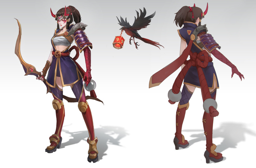 1girl alternate_costume ashe_(league_of_legends) bird boots breasts brown_hair character_sheet crow fake_horns fingerless_gloves flying gloves gold_gloves gradient gradient_background highres horns japanese_clothes league_of_legends linger_ftc medium_breasts medium_hair multiple_views oni_horns open_hand ponytail red_eyes single_fingerless_glove thigh-highs thigh_boots tied_hair