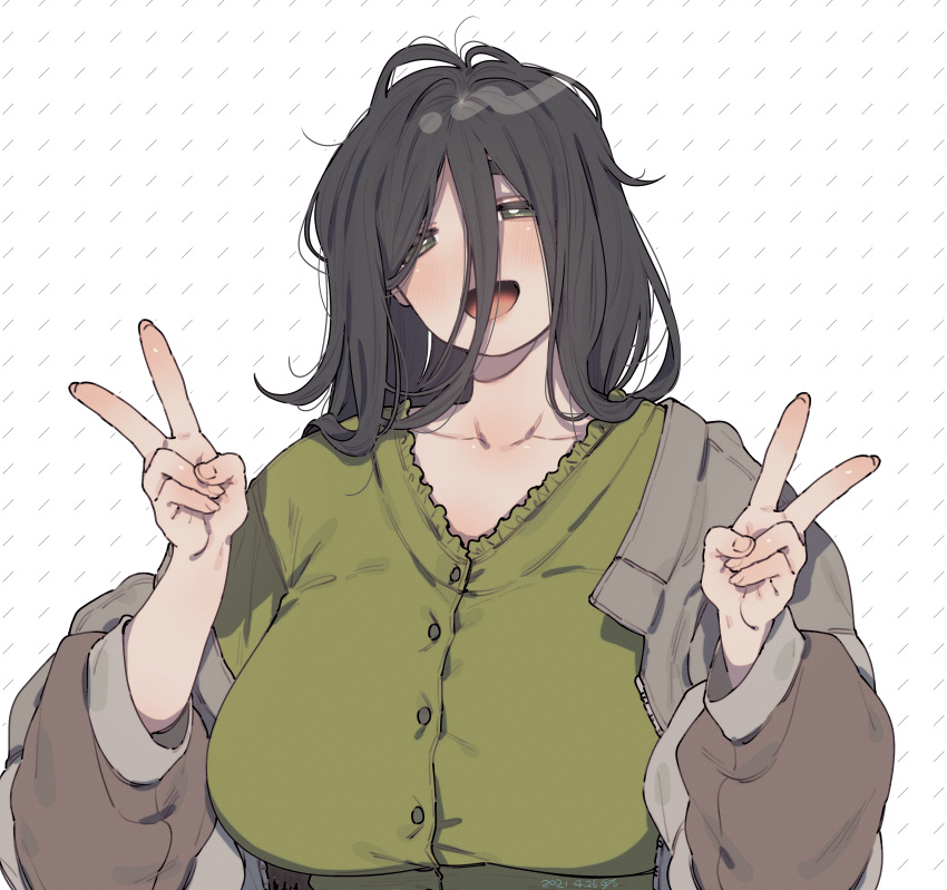 1girl :d absurdres black_hair breasts double_options fingernails green_eyes green_shirt grey_jacket hair_between_eyes hands_up head_tilt highres huge_breasts huge_filesize jacket long_sleeves looking_at_viewer muroku_(aimichiyo0526) nail_polish off_shoulder open_mouth shirt signature smile solo upper_body