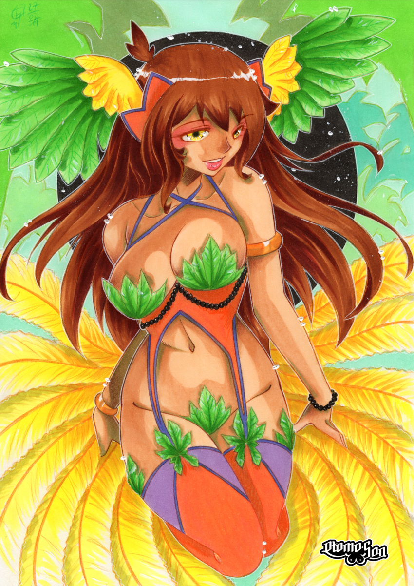 bird breasts brown_hair feathers highres jungle long_hair nature original paradise wings yellow_eyes