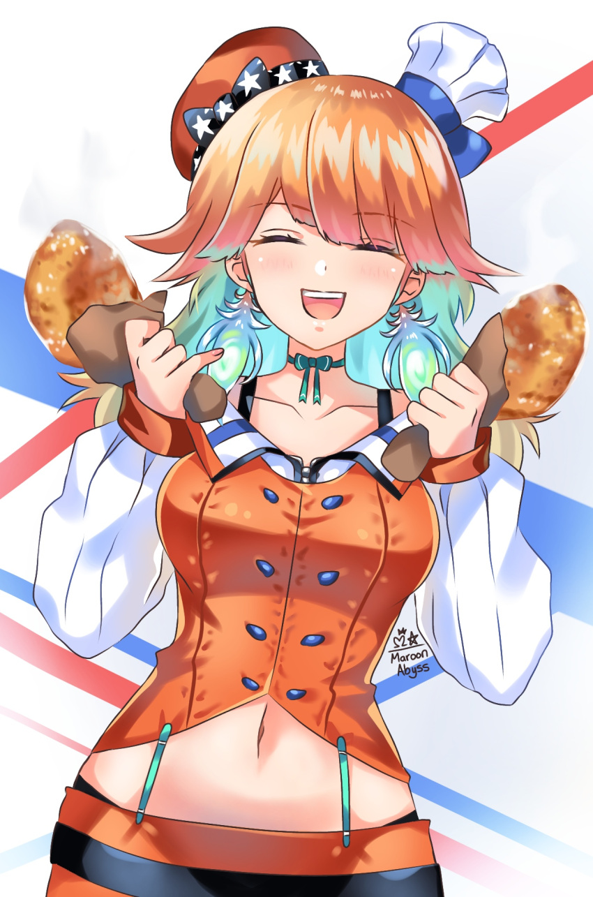 1girl bird bow_choker breasts chef_hat chicken chicken_leg closed_eyes earrings feather_earrings feathers food food_focus gradient_hair hat highres hololive hololive_english jewelry large_breasts maroonabyss midriff multicolored_hair open_mouth orange_hair orange_headwear smile solo takanashi_kiara virtual_youtuber