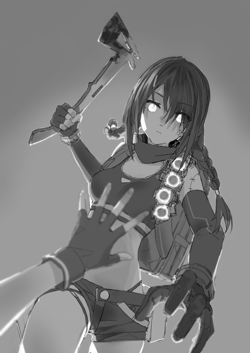 1girl absurdres asimo_(hakurei10201) axe bandana black_hair braid breasts fingerless_gloves girls_frontline gloves greyscale highres incoming_attack long_hair looking_at_viewer mac-10_(girls_frontline) medium_breasts midriff monochrome scar short_shorts shorts sports_bra stitched_face stitches twin_braids