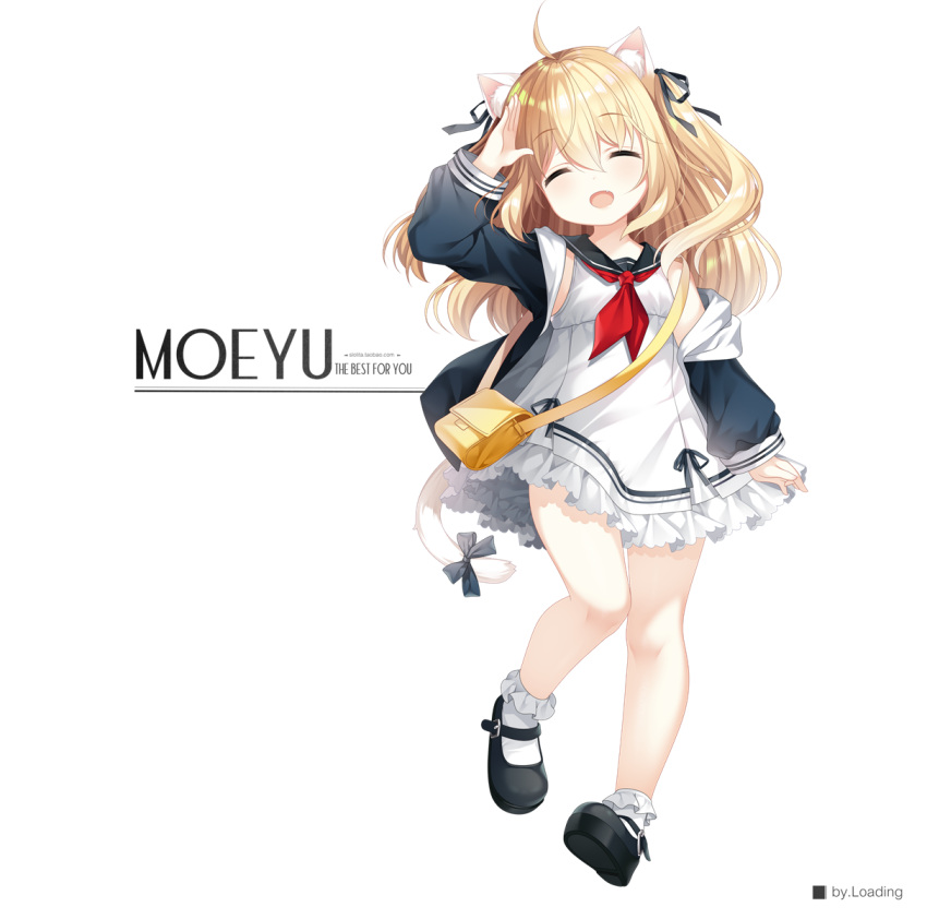 1girl :d ^_^ ahoge animal_ear_fluff animal_ears arm_up artist_name bag bangs black_bow black_footwear black_jacket black_ribbon black_sailor_collar blonde_hair blush bobby_socks bow cat_ears cat_girl cat_tail closed_eyes commentary_request dress english_text eyebrows_visible_through_hair facing_viewer fang frilled_dress frills hair_between_eyes hair_ribbon highres jacket loading_(verjuice) long_hair neckerchief off_shoulder open_clothes open_jacket open_mouth original red_neckwear ribbon sailor_collar sailor_dress shoe_soles shoes shoulder_bag simple_background sleeveless sleeveless_dress smile socks solo tail tail_bow tail_ornament two_side_up very_long_hair white_background white_dress white_legwear