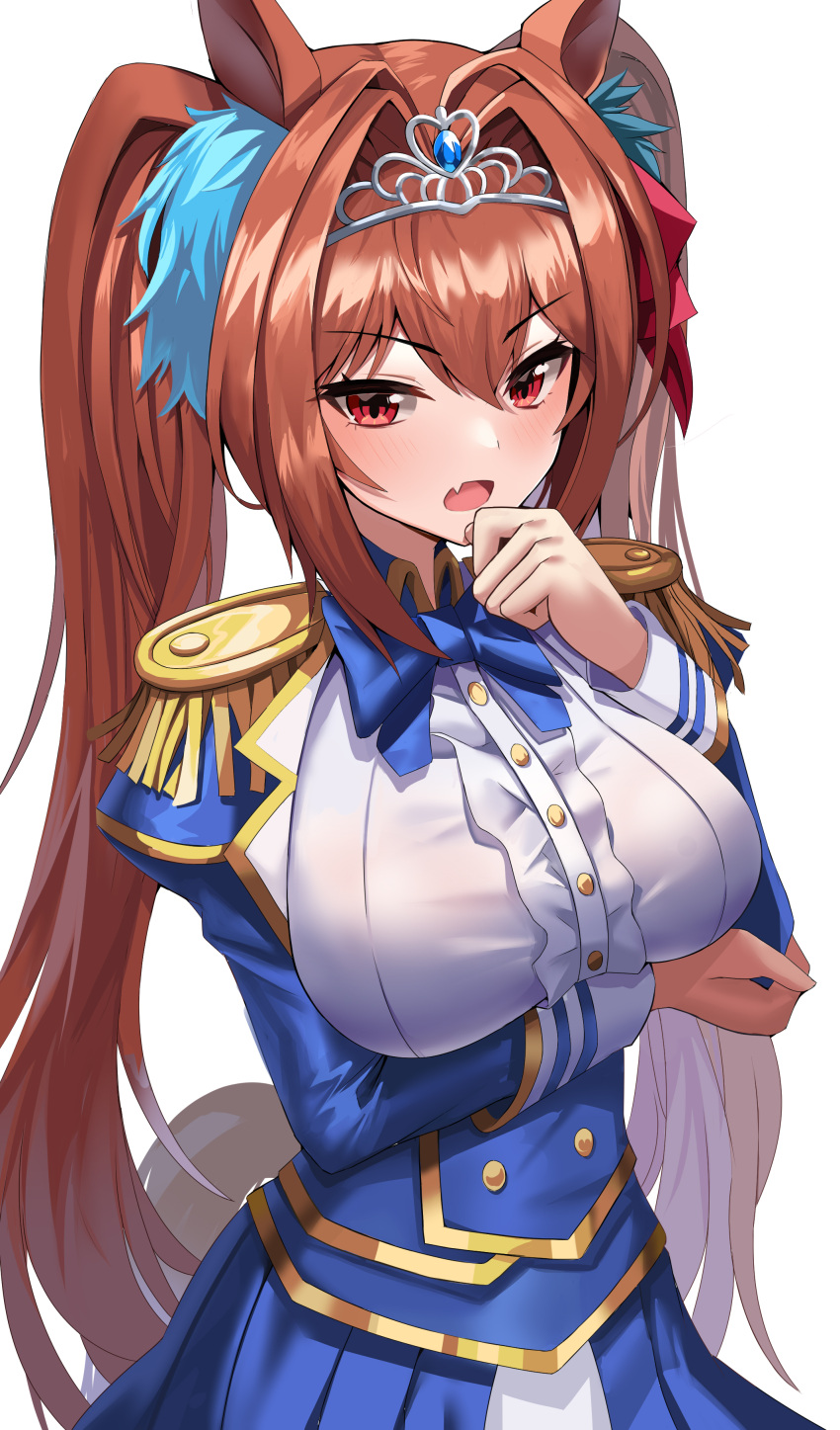 1girl absurdres animal_ears arm_under_breasts bangs blue_jacket blush breasts brown_hair commentary_request daiwa_scarlet_(umamusume) epaulettes eyebrows_visible_through_hair fang hair_between_eyes hair_intakes hair_ornament hand_up highres horse_ears horse_girl jacket large_breasts long_hair looking_at_viewer onedoo open_mouth red_eyes shirt skin_fang solo tiara umamusume very_long_hair white_background white_shirt