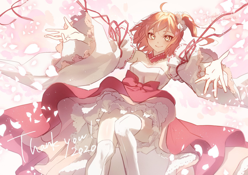 1girl ahoge bangs cherry_blossoms dress fate/grand_order fate_(series) fujimaru_ritsuka_(female) hair_ornament hairband highres japanese_clothes kimono looking_at_viewer miko open_arms orange_eyes orange_hair petals ponytail ribbon smile solo thigh-highs tsuyukusa_(eeta7273) white_legwear