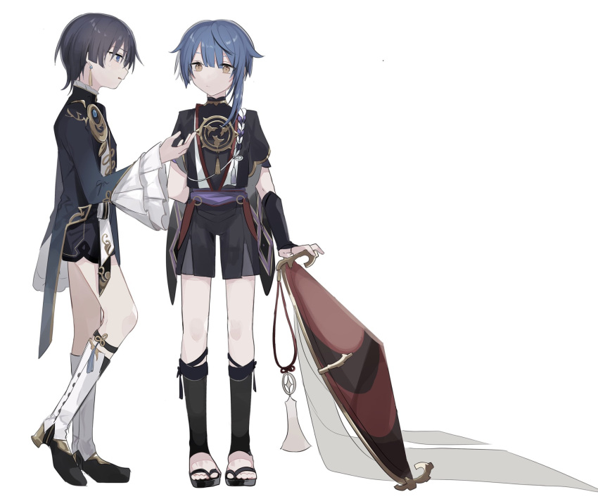 2boys armor bangs black_gloves black_hair black_shorts blue_eyes blue_hair boots cosplay costume_switch earrings fingerless_gloves frilled_sleeves frills genshin_impact gloves hat hat_removed headwear_removed highres ichimegasa japanese_armor jewelry kote kurokote male_focus multiple_boys open_mouth sandals scaramouche scaramouche_(cosplay) shorts simple_background single_earring standing tassel tassel_earrings white_background xingqiu_(genshin_impact) xingqiu_(genshin_impact)_(cosplay) yellow_eyes yoko_(nz_g)