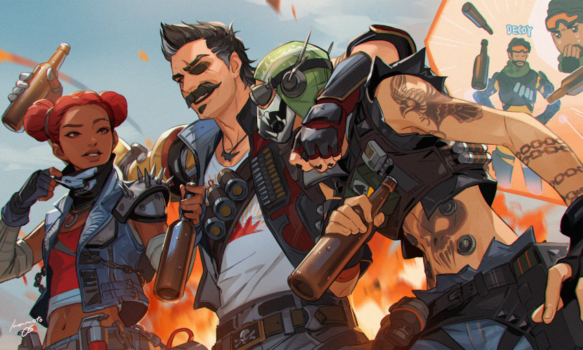 1girl 3boys apex_legends arm_around_shoulder arm_tattoo bandana black_eyes black_gloves black_hair black_vest blue_hair blue_vest bottle brown_eyes cropped_vest crying crying_with_eyes_open dark_skin dark-skinned_female dark_skinned_male denim_vest double_bun eyepatch facial_hair fingerless_gloves fuse_(apex_legends) gloves goggles goggles_on_head hair_behind_ear highres holding holding_bottle iwamoto_zerogo jewelry lifeline_(apex_legends) mirage_(apex_legends) multicolored_hair multiple_boys mustache navel necklace octane_(apex_legends) one_eye_covered open_hand parted_lips redhead signature smile soul_patch stomach_tattoo streaked_hair tattoo tears vest