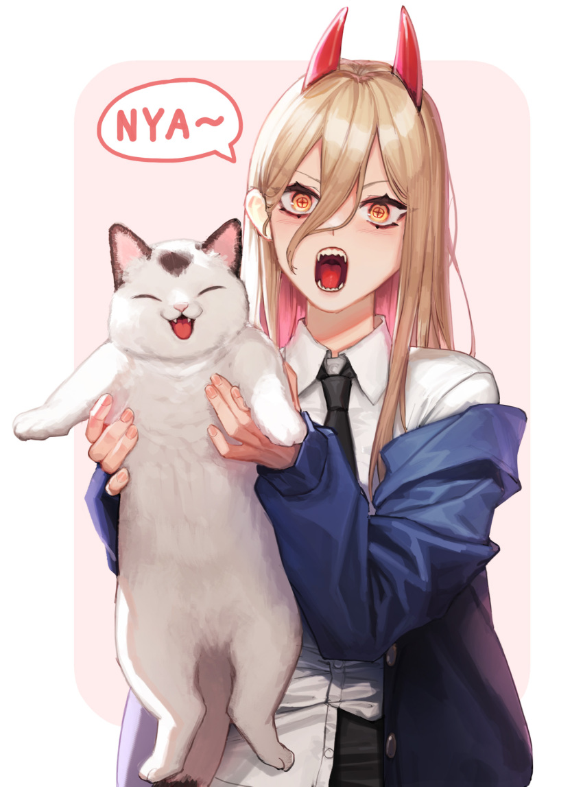 +_+ 1girl animal bangs black_neckwear blonde_hair blue_jacket blush cat chainsaw_man collared_shirt colored_inner_hair commentary demon_horns fingernails hair_between_eyes highres holding holding_animal holding_cat horns jacket long_hair long_sleeves looking_at_viewer multicolored_hair necktie nyan off_shoulder open_mouth pink_hair power_(chainsaw_man) sharp_teeth shirt solo teeth tunamayo_(dsasd751) two-tone_background upper_body white_shirt yellow_eyes
