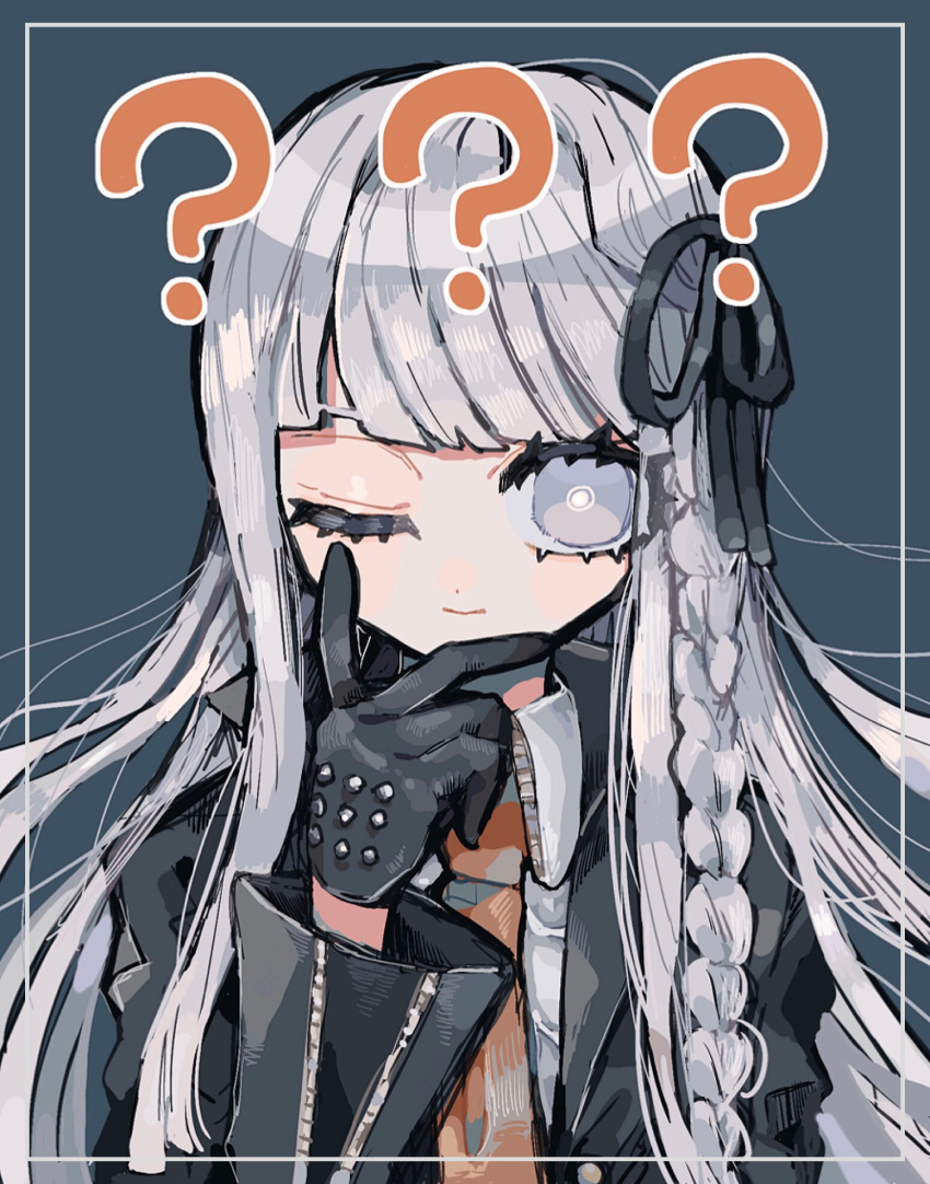 1girl ? ?? bangs black_gloves black_ribbon blunt_bangs braid collared_shirt commentary_request dangan_ronpa:_trigger_happy_havoc dangan_ronpa_(series) eyebrows_visible_through_hair gloves grey_eyes grey_hair hair_ornament hair_ribbon hand_up highres jacket kara_aren kirigiri_kyouko long_hair long_sleeves looking_at_viewer necktie one_eye_closed ribbon shirt side_braid silver_hair single_braid smile solo spoken_question_mark upper_body white_shirt