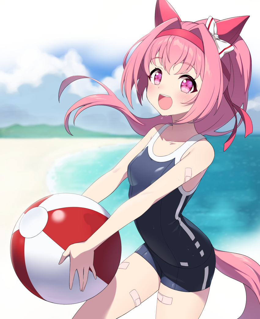 1girl :d absurdres animal_ears ball bandaid bandaid_on_arm bandaid_on_leg beach beachball blue_swimsuit blush bow breasts child_(isoliya) clouds cloudy_sky commentary cowboy_shot eyebrows_visible_through_hair hair_bow hair_intakes hairband haru_urara_(umamusume) highres holding holding_ball horse_ears horse_girl horse_tail looking_at_viewer one-piece_swimsuit open_mouth outdoors pink_eyes pink_hair red_hairband sky small_breasts smile solo sweat swimsuit tail umamusume upper_teeth white_bow