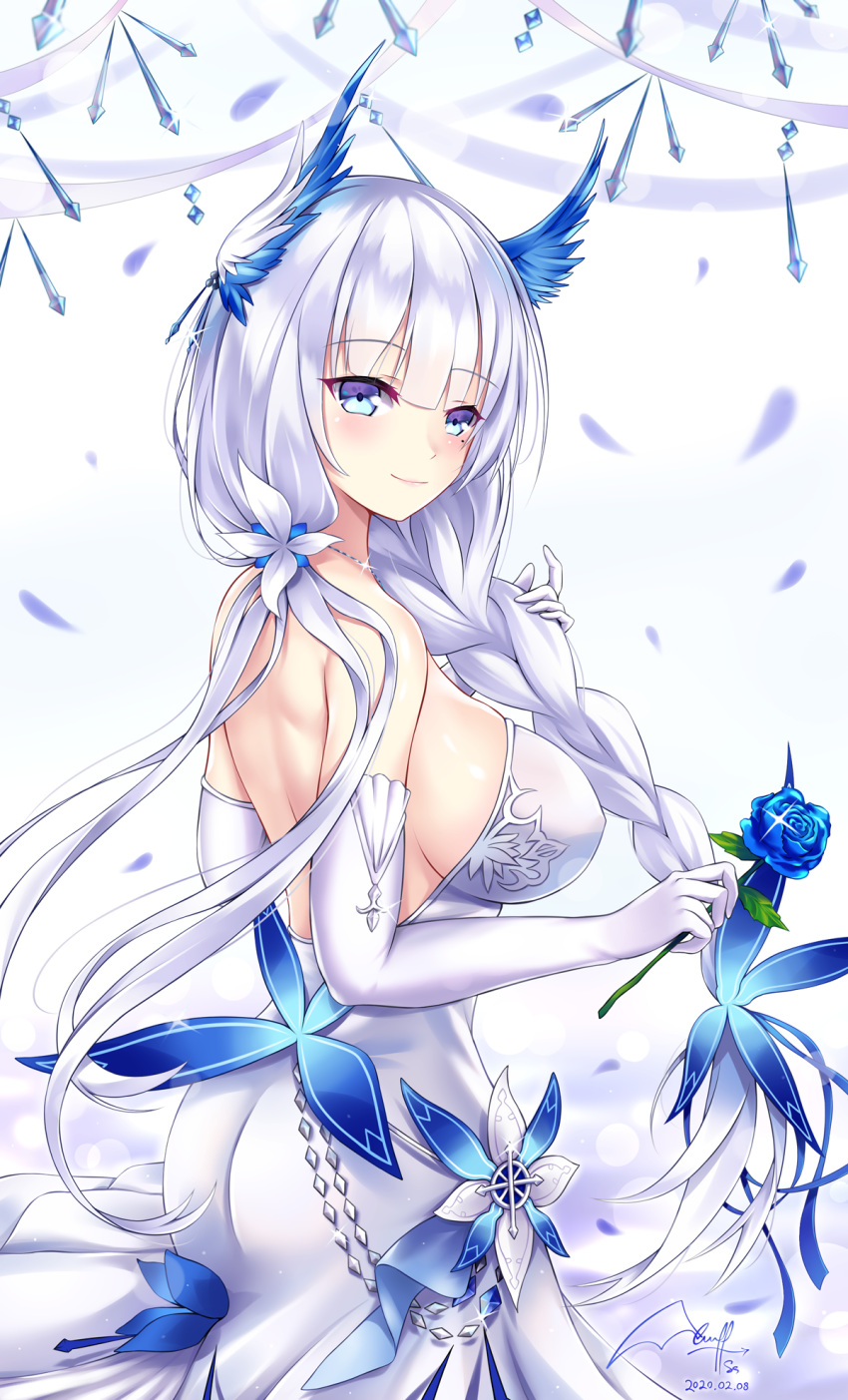 1girl 2020 azur_lane backless_dress backless_outfit bare_shoulders blue_eyes blue_flower blue_rose braid breasts dress elbow_gloves eyebrows_visible_through_hair flower gloves highres holding holding_flower illustrious_(azur_lane) illustrious_(illustrious_ballroom)_(azur_lane) large_breasts long_hair looking_at_viewer off_shoulder official_alternate_costume rose sideboob signature simple_background sleeveless sleeveless_dress solo ss_(pixiv39363189) strapless strapless_dress very_long_hair white_background white_dress white_hair