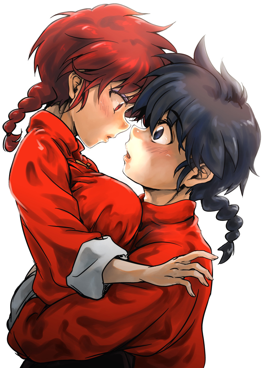 1boy 1girl absurdres black_hair blue_eyes blush braid braided_ponytail breasts chinese_clothes dual_persona genderswap genderswap_(mtf) highres large_breasts long_hair looking_at_another oloxolo open_mouth ranma-chan ranma_1/2 redhead saotome_ranma simple_background single_braid tangzhuang white_background