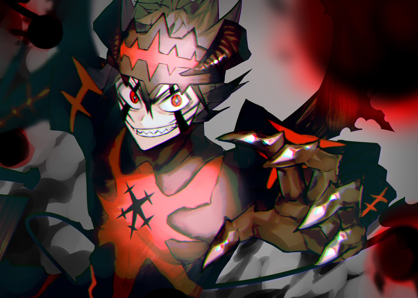 absurdres angry armor asta_(black_clover) black_armor black_claws black_clover black_headwear black_horns black_wings frit_2 hands headband highres horns outstretched_hand red_eyes sharp_teeth shoulder_armor smile spikes spiky_hair sword teeth weapon wings