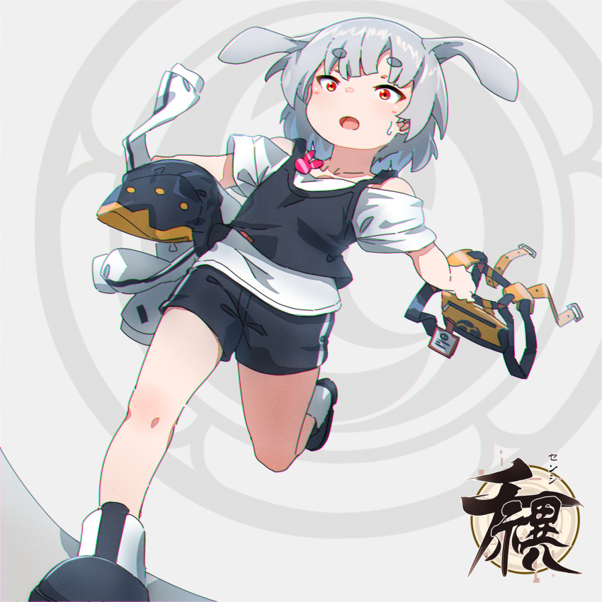 1girl :o animal_ears arm_behind_back bangs bare_legs bare_shoulders black_shorts black_tank_top chromatic_aberration collarbone dutch_angle extra_ears eyebrows_visible_through_hair full_body grey_background grey_hair highres holding holding_clothes kuro_kosyou off-shoulder_shirt off_shoulder open_mouth original rabbit_ears rabbit_girl red_eyes running shiny shiny_hair shirt shoes short_eyebrows short_hair short_sleeves shorts solo sweatdrop tank_top thick_eyebrows white_shirt