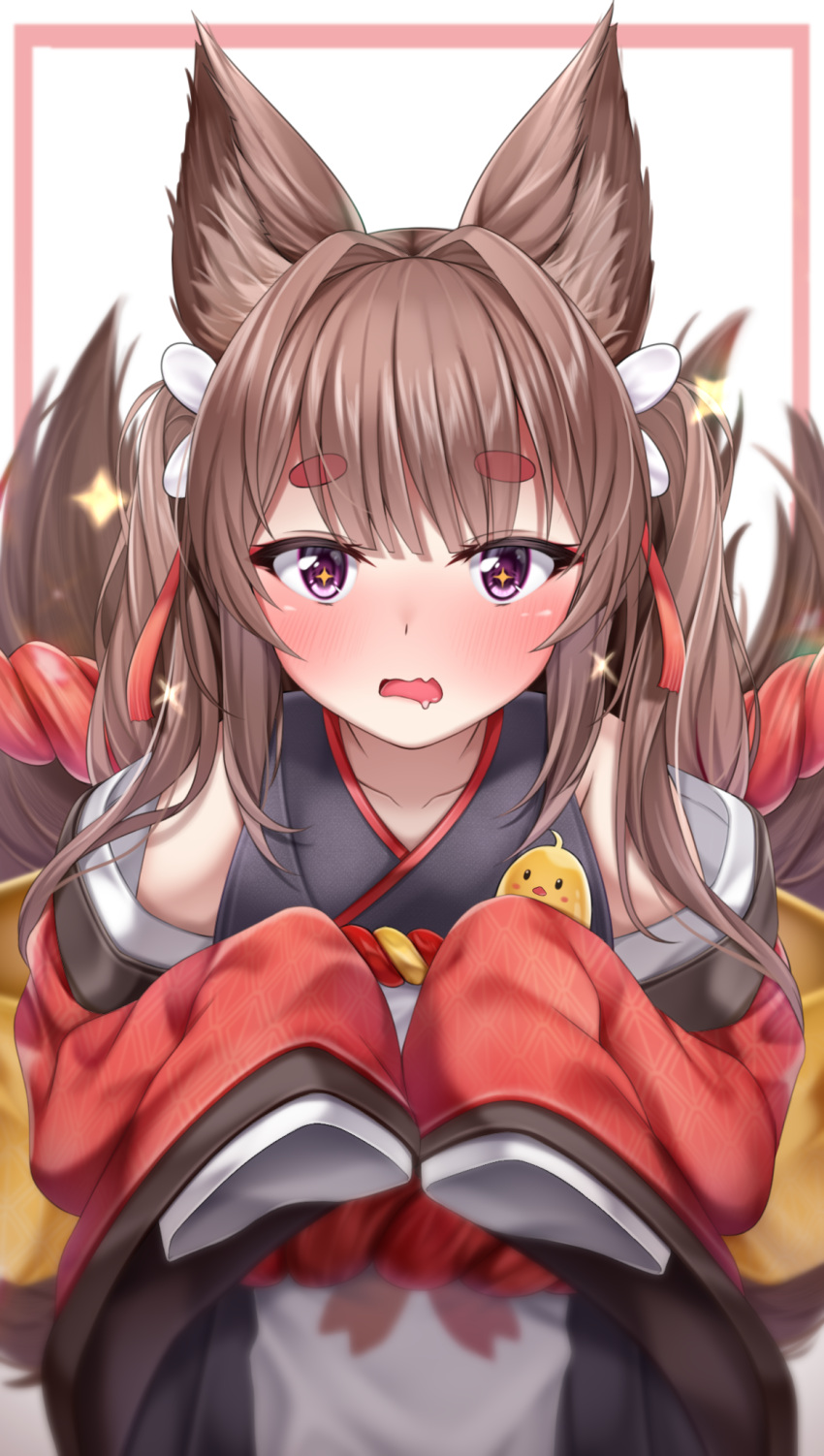 +_+ 1girl amagi-chan_(azur_lane) animal_ears azur_lane bangs blunt_bangs blurry blush brown_hair collarbone commentary_request depth_of_field drooling eyebrows_visible_through_hair eyes_visible_through_hair fox_ears fox_girl fox_tail hair_ribbon highres kyuubi lomocya long_hair looking_at_viewer manjuu_(azur_lane) multiple_tails off-shoulder_kimono off_shoulder open_mouth ribbon rope shimenawa sidelocks simple_background sleeves_past_wrists solo sparkle symbol-shaped_pupils tail thick_eyebrows twintails violet_eyes white_background wide_sleeves