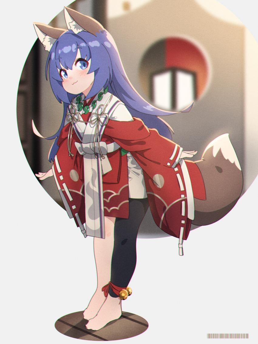 1girl animal_ear_fluff animal_ears asymmetrical_legwear barcode bare_legs barefoot bell black_legwear blue_eyes blue_hair blurry chromatic_aberration closed_mouth commentary_request depth_of_field film_grain fox_ears fox_tail full_body grey_background highres inari_miku indie_virtual_youtuber jewelry kuro_kosyou leaning_forward long_hair long_sleeves looking_at_viewer necklace outstretched_arms single_legging sleeves_past_wrists solo spread_arms standing tail virtual_youtuber